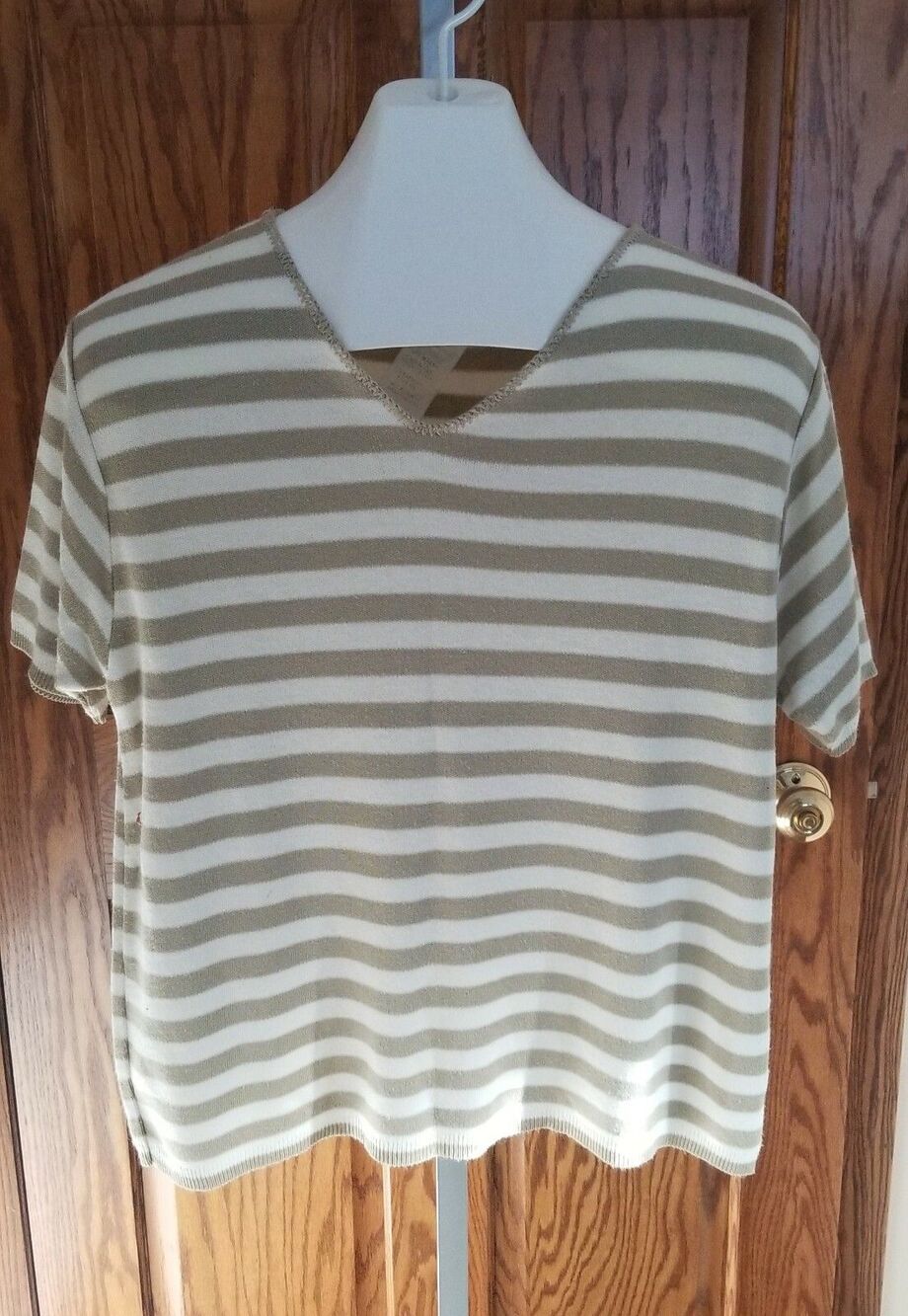 Sag Harbor Sweater Short Sleeve V Neck Tan White Stripe L Large Womens Career